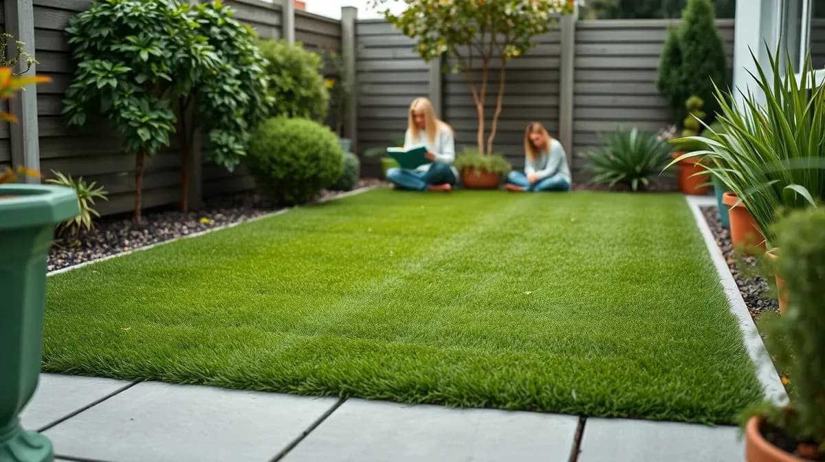 Artificial lawn with porcelain paving border