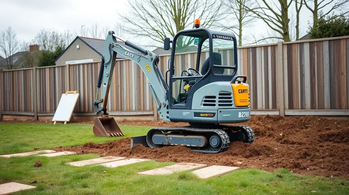 Mini excavator levelling a garden during landscaping