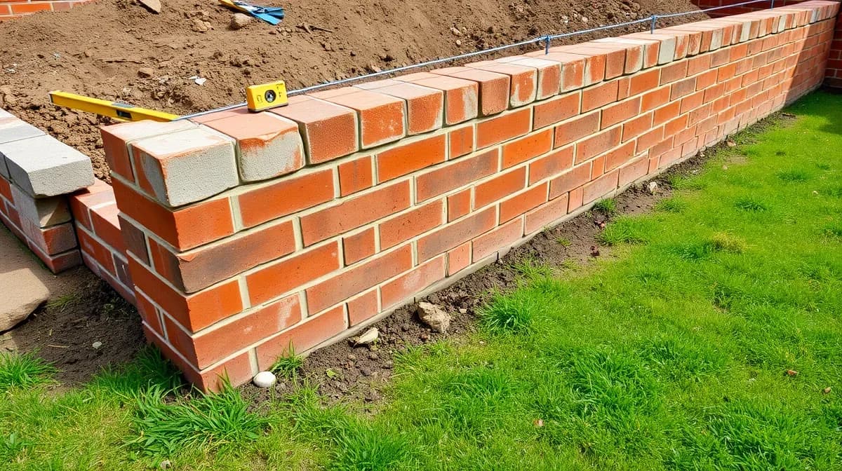 Brick garden wall under construction with string lines