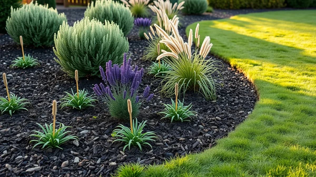 Freshly planted flower border with lavender and grasses